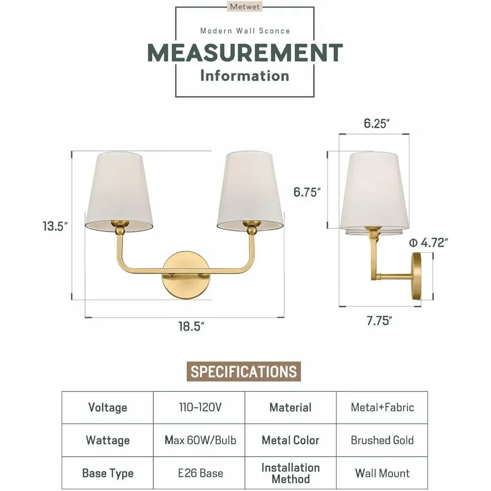 Brushed Gold 2-Light Bathroom Vanity Sconce with Beige Fabric Shade